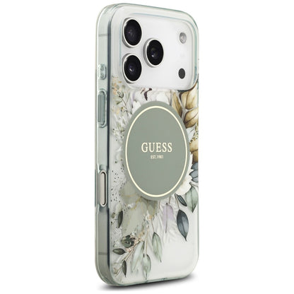 Husa MagSafe pentru Apple iPhone 18 Pro Max / 17 Pro Max, Guess, IML Flower & Tonal Circle, Verde
