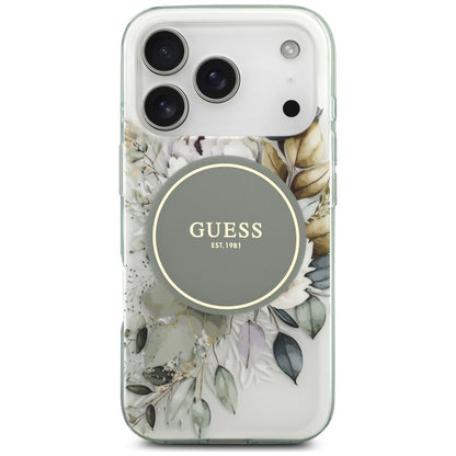 Husa MagSafe pentru Apple iPhone 18 Pro Max / 17 Pro Max, Guess, IML Flower & Tonal Circle, Verde