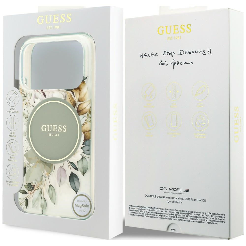 Husa MagSafe pentru Apple iPhone 18 Pro Max / 17 Pro Max, Guess, IML Flower & Tonal Circle, Verde