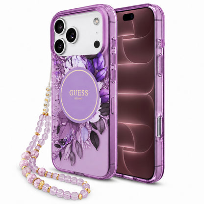 Husa MagSafe pentru Apple iPhone 18 Pro Max / 17 Pro Max, Guess, IML Flowers with Pearl Strap, Mov