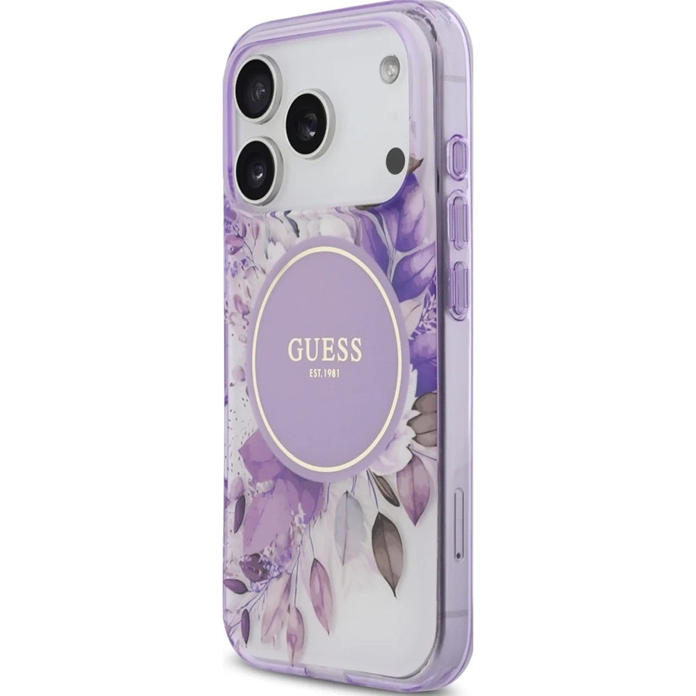 Husa MagSafe pentru Apple iPhone 18 Pro Max / 17 Pro Max, Guess, IML Flowers with Pearl Strap, Mov