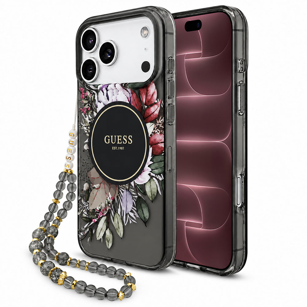 Husa MagSafe pentru Apple iPhone 18 Pro Max / 17 Pro Max, Guess, IML Flowers with Pearl Strap, Neagra