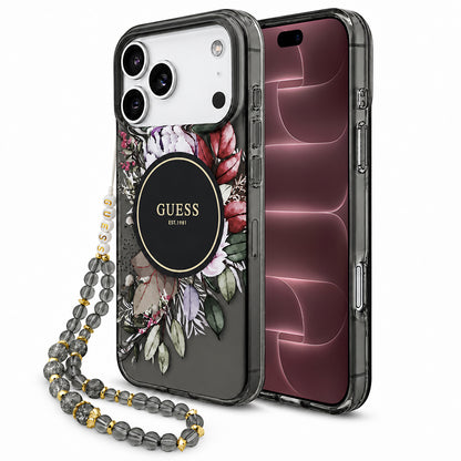 Husa MagSafe pentru Apple iPhone 18 Pro Max / 17 Pro Max, Guess, IML Flowers with Pearl Strap, Neagra