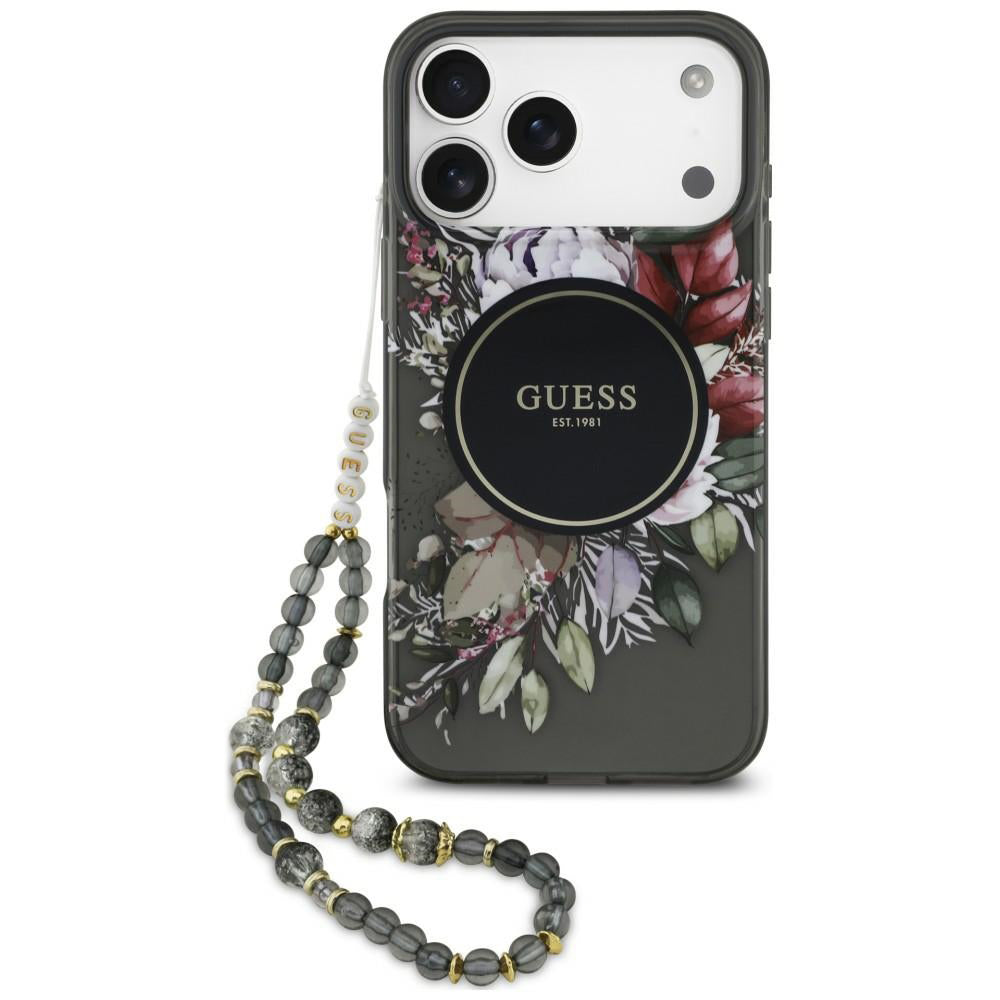 Husa MagSafe pentru Apple iPhone 18 Pro Max / 17 Pro Max, Guess, IML Flowers with Pearl Strap, Neagra