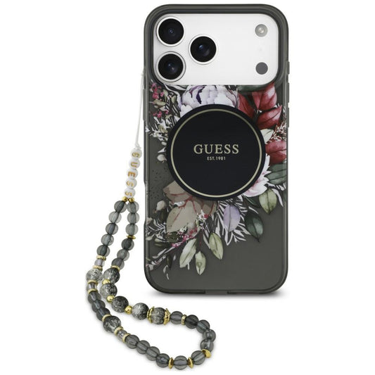 Husa MagSafe pentru Apple iPhone 18 Pro Max / 17 Pro Max, Guess, IML Flowers with Pearl Strap, Neagra