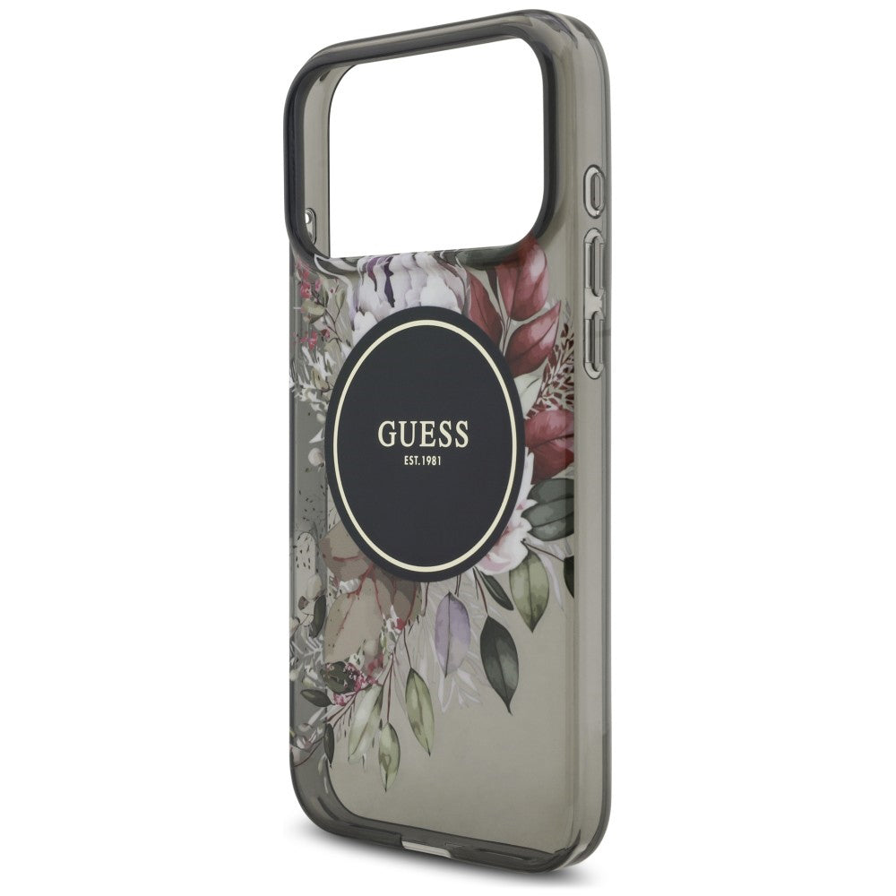 Husa MagSafe pentru Apple iPhone 18 Pro Max / 17 Pro Max, Guess, IML Flowers with Pearl Strap, Neagra