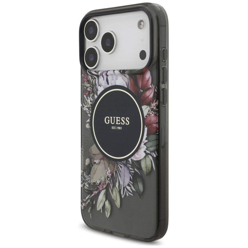 Husa MagSafe pentru Apple iPhone 18 Pro Max / 17 Pro Max, Guess, IML Flowers with Pearl Strap, Neagra