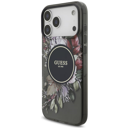 Husa MagSafe pentru Apple iPhone 18 Pro Max / 17 Pro Max, Guess, IML Flowers with Pearl Strap, Neagra