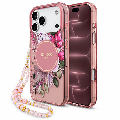 Husa MagSafe pentru Apple iPhone 18 Pro Max / 17 Pro Max, Guess, IML Flowers with Pearl Strap, Roz
