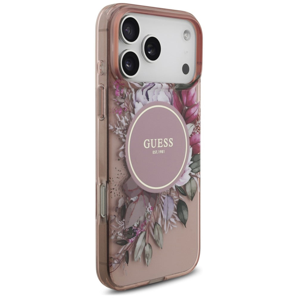 Husa MagSafe pentru Apple iPhone 18 Pro Max / 17 Pro Max, Guess, IML Flowers with Pearl Strap, Roz