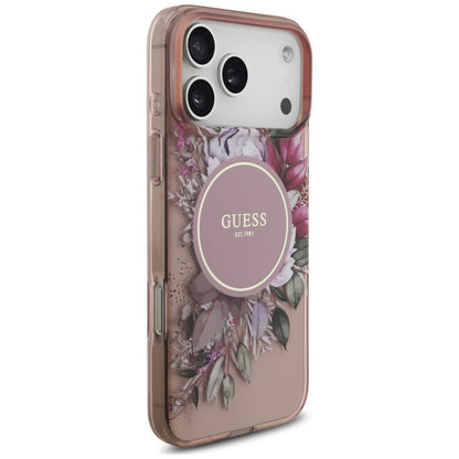 Husa MagSafe pentru Apple iPhone 18 Pro Max / 17 Pro Max, Guess, IML Flowers with Pearl Strap, Roz