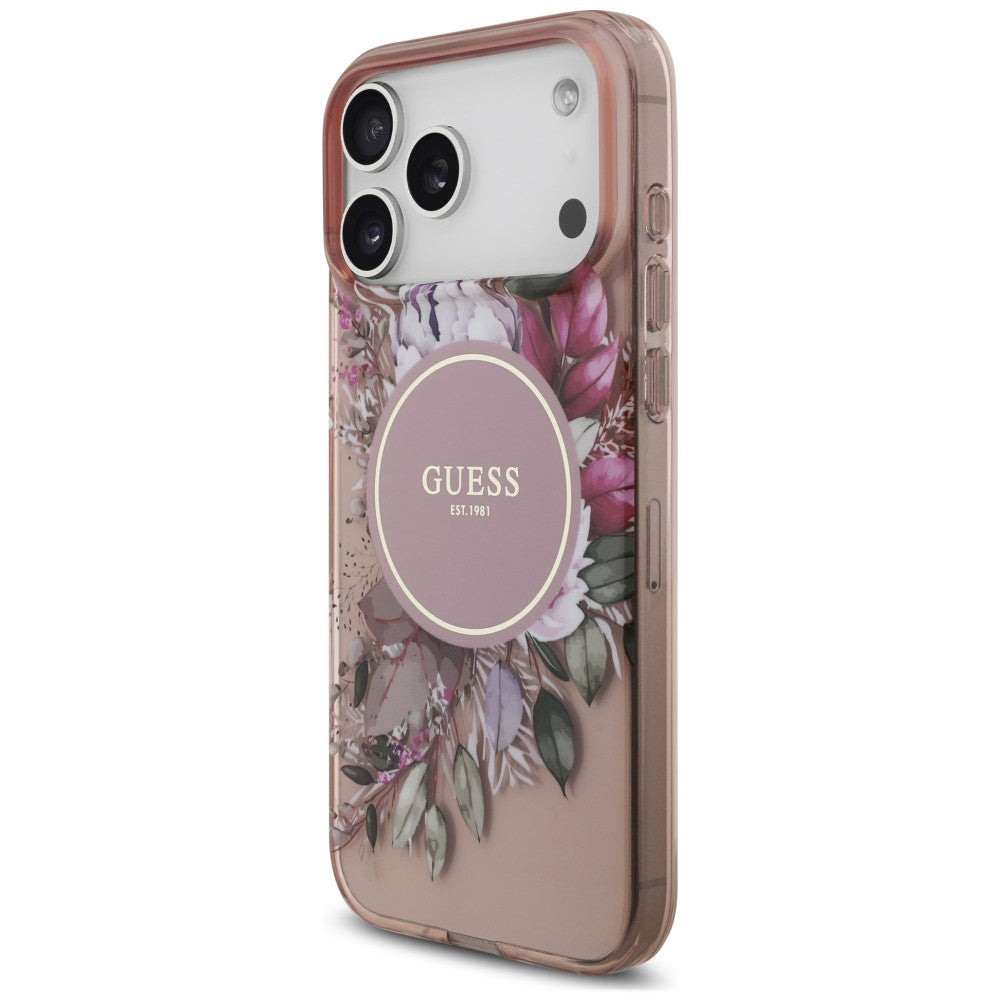 Husa MagSafe pentru Apple iPhone 18 Pro Max / 17 Pro Max, Guess, IML Flowers with Pearl Strap, Roz