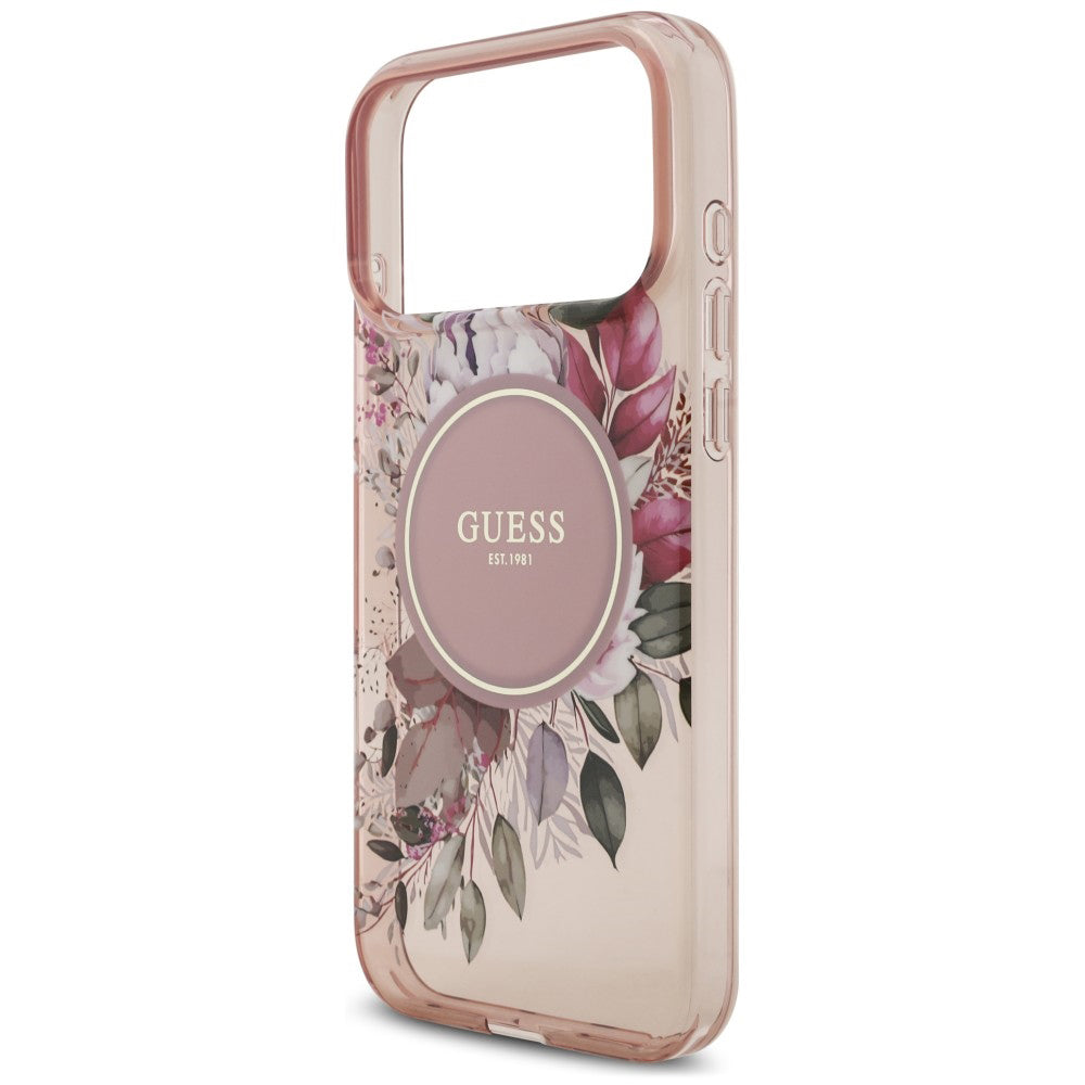 Husa MagSafe pentru Apple iPhone 18 Pro Max / 17 Pro Max, Guess, IML Flowers with Pearl Strap, Roz