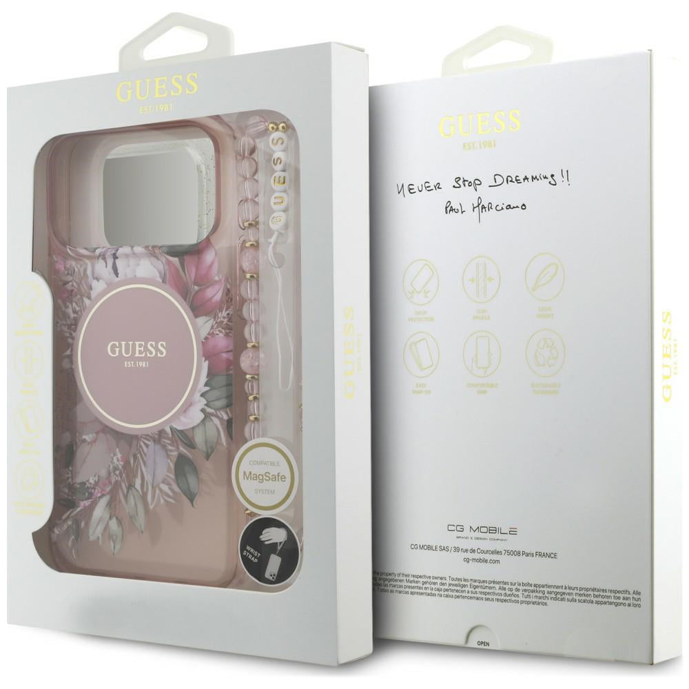 Husa MagSafe pentru Apple iPhone 18 Pro Max / 17 Pro Max, Guess, IML Flowers with Pearl Strap, Roz