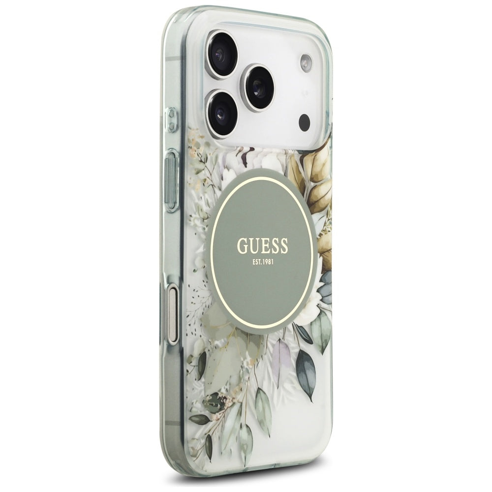 Husa MagSafe pentru Apple iPhone 18 Pro Max / 17 Pro Max, Guess, IML Flowers with Pearl Strap, Verde