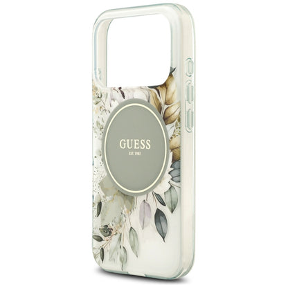 Husa MagSafe pentru Apple iPhone 18 Pro Max / 17 Pro Max, Guess, IML Flowers with Pearl Strap, Verde