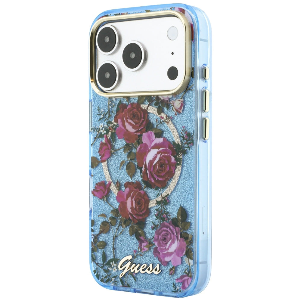 Husa MagSafe pentru Apple iPhone 18 Pro Max / 17 Pro Max, Guess, IML Glitter Blossom Roses, Bleu