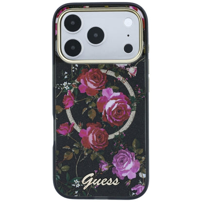 Husa MagSafe pentru Apple iPhone 18 Pro Max / 17 Pro Max, Guess, IML Glitter Blossom Roses, Neagra