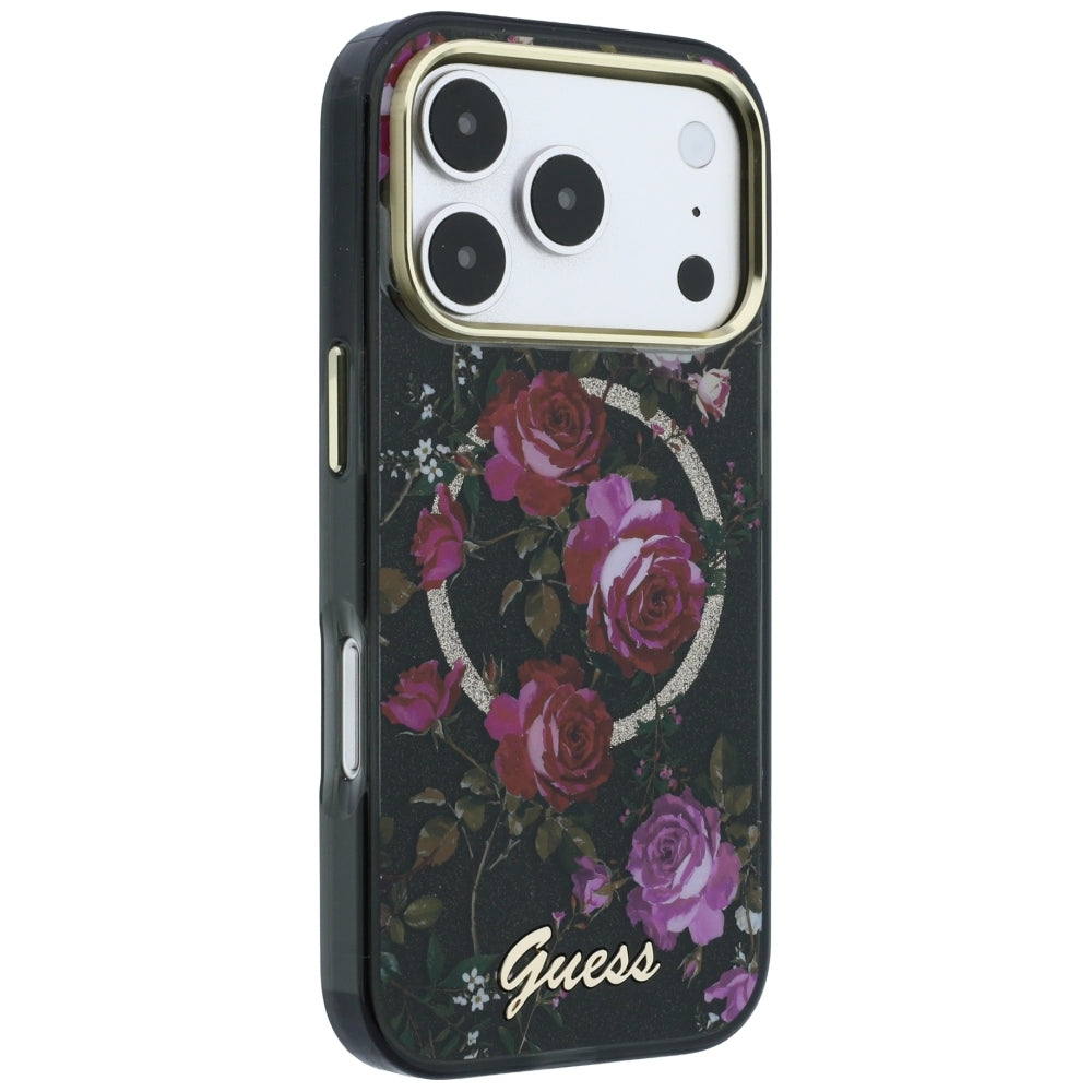 Husa MagSafe pentru Apple iPhone 18 Pro Max / 17 Pro Max, Guess, IML Glitter Blossom Roses, Neagra