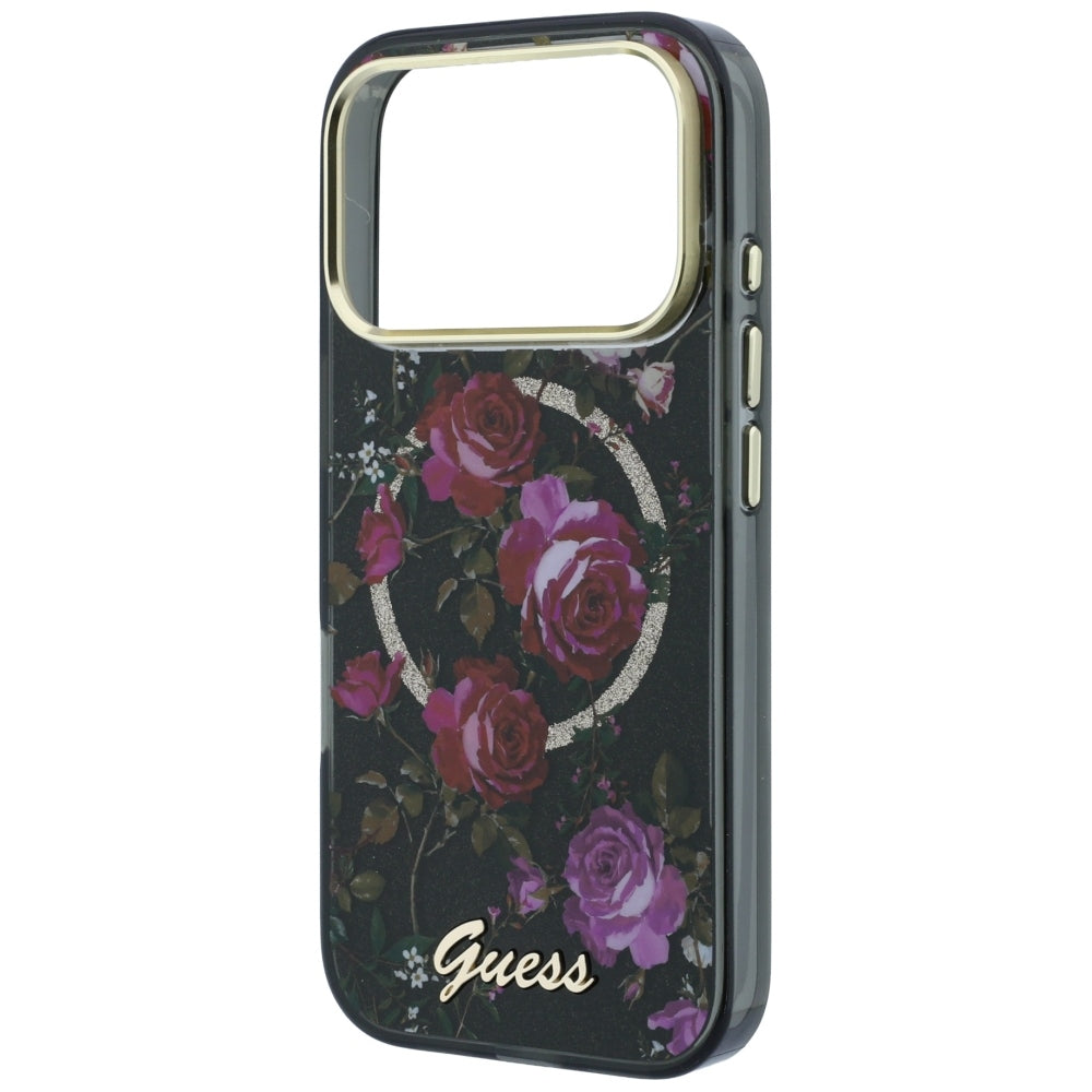 Husa MagSafe pentru Apple iPhone 18 Pro Max / 17 Pro Max, Guess, IML Glitter Blossom Roses, Neagra