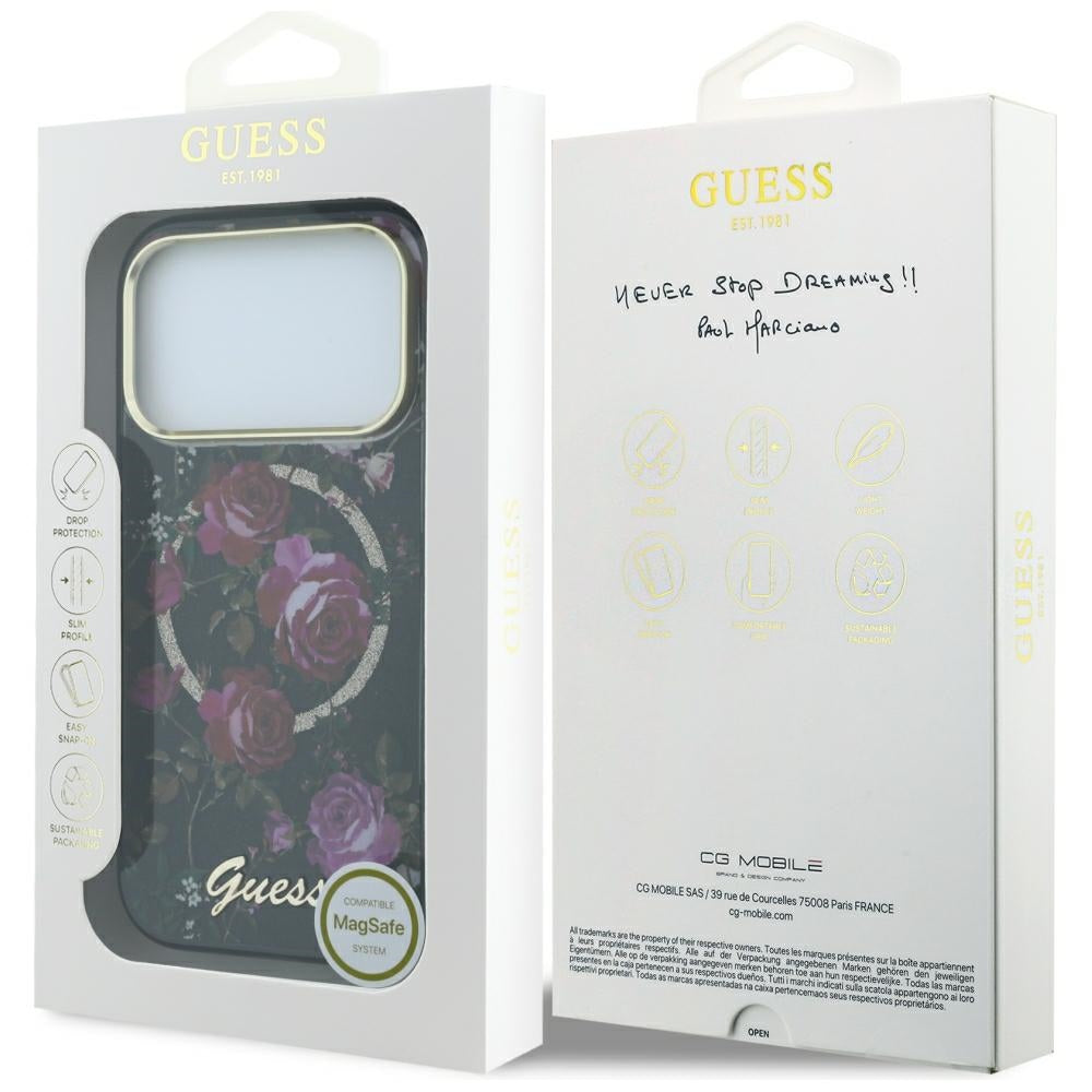 Husa MagSafe pentru Apple iPhone 18 Pro Max / 17 Pro Max, Guess, IML Glitter Blossom Roses, Neagra