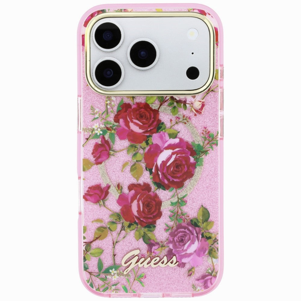 Husa MagSafe pentru Apple iPhone 18 Pro Max / 17 Pro Max, Guess, IML Glitter Blossom Roses, Roz