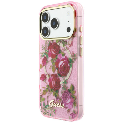 Husa MagSafe pentru Apple iPhone 18 Pro Max / 17 Pro Max, Guess, IML Glitter Blossom Roses, Roz
