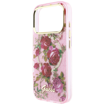 Husa MagSafe pentru Apple iPhone 18 Pro Max / 17 Pro Max, Guess, IML Glitter Blossom Roses, Roz