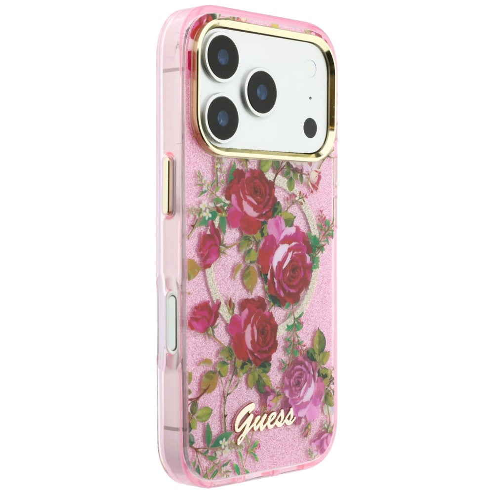 Husa MagSafe pentru Apple iPhone 18 Pro Max / 17 Pro Max, Guess, IML Glitter Blossom Roses, Roz