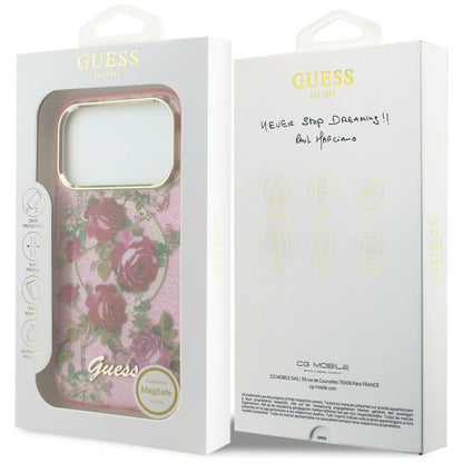 Husa MagSafe pentru Apple iPhone 18 Pro Max / 17 Pro Max, Guess, IML Glitter Blossom Roses, Roz