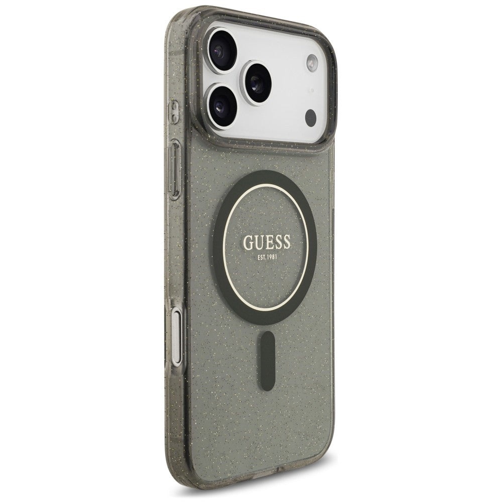 Husa MagSafe pentru Apple iPhone 18 Pro Max / 17 Pro Max, Guess, IML Glitter with Pearl Strap, Neagra