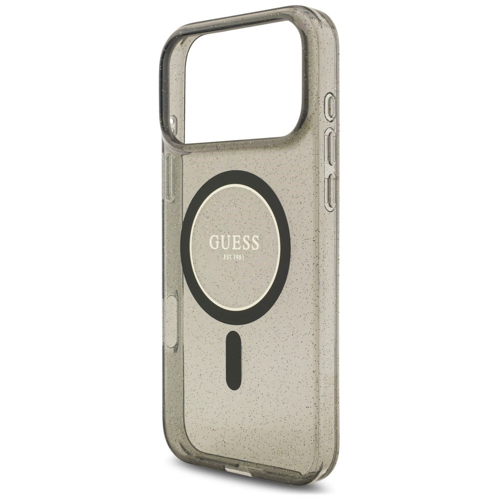 Husa MagSafe pentru Apple iPhone 18 Pro Max / 17 Pro Max, Guess, IML Glitter with Pearl Strap, Neagra