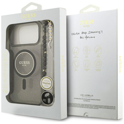 Husa MagSafe pentru Apple iPhone 18 Pro Max / 17 Pro Max, Guess, IML Glitter with Pearl Strap, Neagra