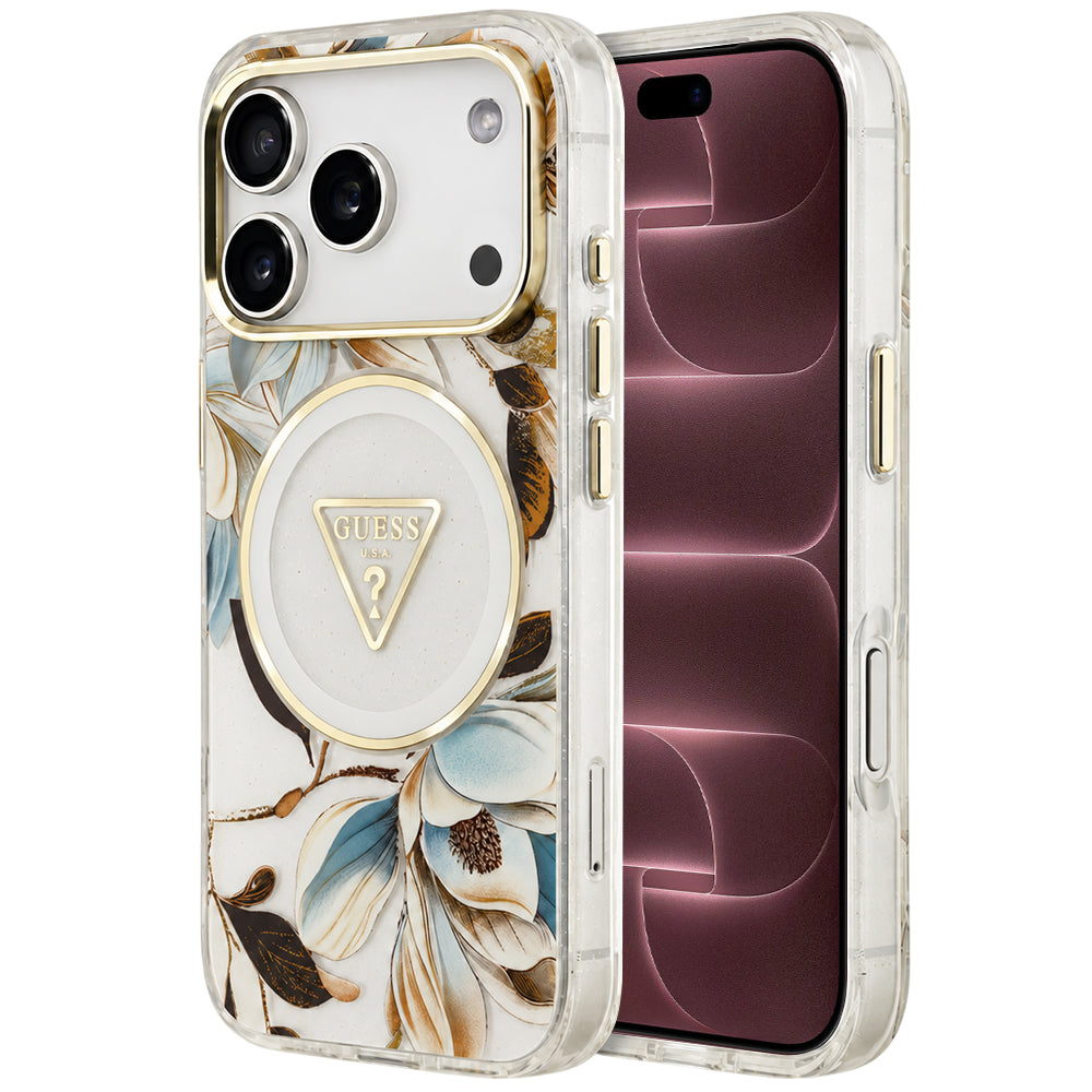 Husa MagSafe pentru Apple iPhone 18 Pro Max / 17 Pro Max, Guess, IML Metal Glitter Flowers Triangle, Alba