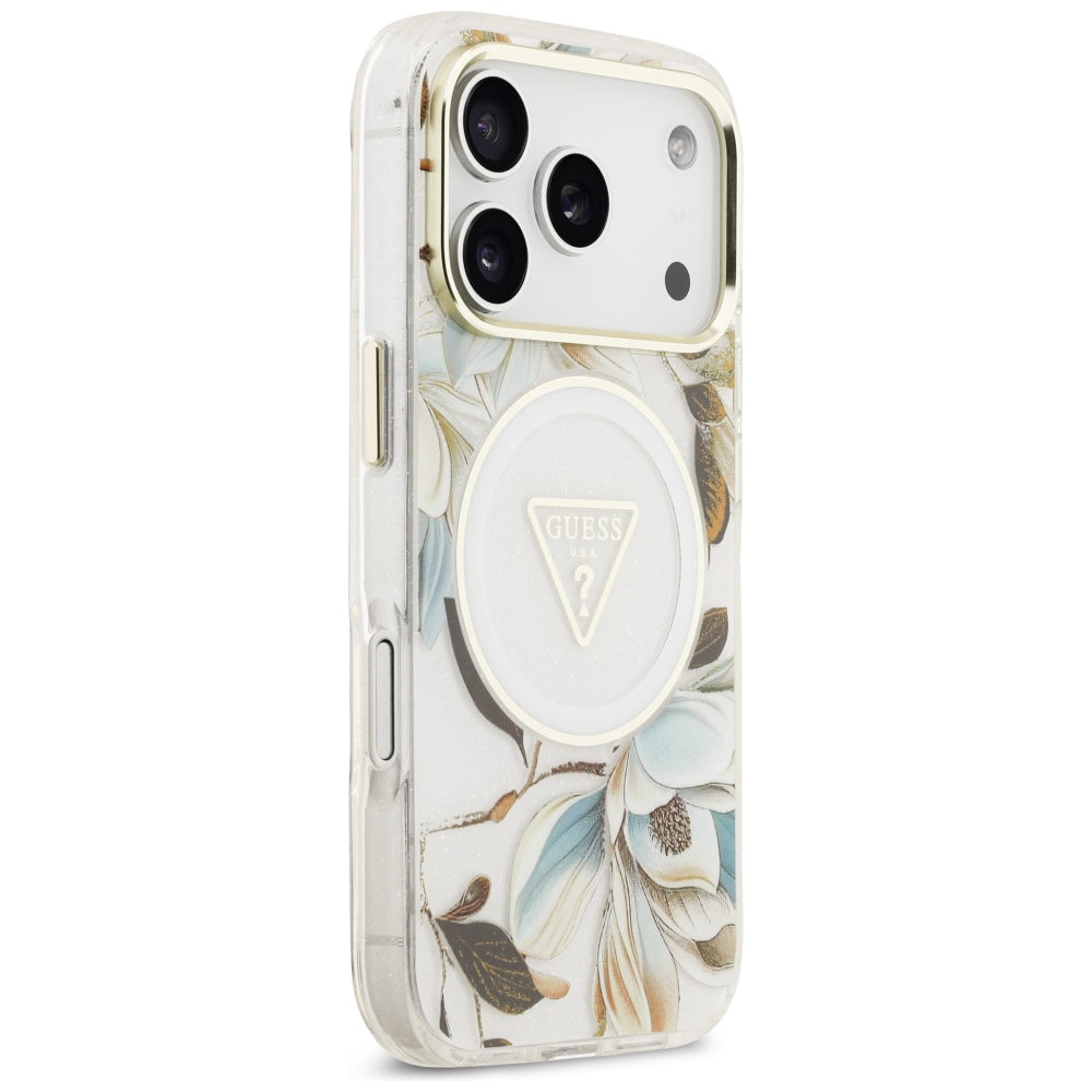 Husa MagSafe pentru Apple iPhone 18 Pro Max / 17 Pro Max, Guess, IML Metal Glitter Flowers Triangle, Alba