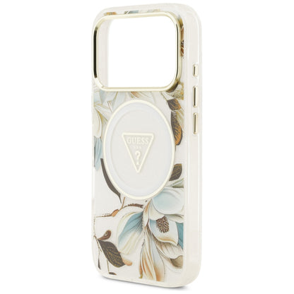Husa MagSafe pentru Apple iPhone 18 Pro Max / 17 Pro Max, Guess, IML Metal Glitter Flowers Triangle, Alba