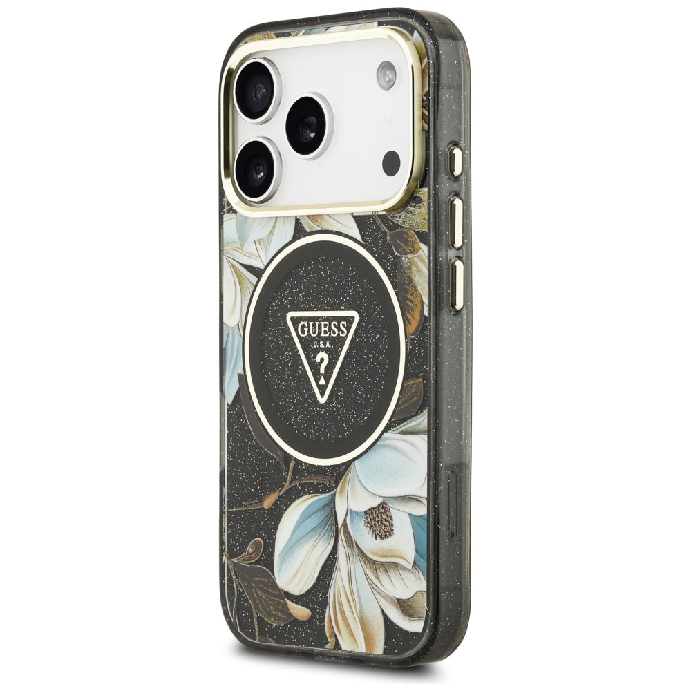 Husa MagSafe pentru Apple iPhone 18 Pro Max / 17 Pro Max, Guess, IML Metal Glitter Flowers Triangle, Neagra