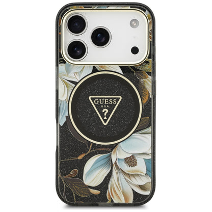 Husa MagSafe pentru Apple iPhone 18 Pro Max / 17 Pro Max, Guess, IML Metal Glitter Flowers Triangle, Neagra