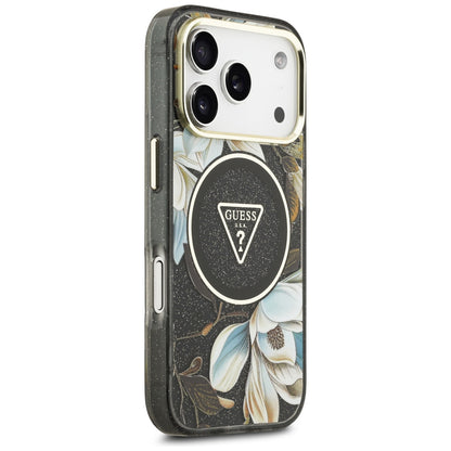 Husa MagSafe pentru Apple iPhone 18 Pro Max / 17 Pro Max, Guess, IML Metal Glitter Flowers Triangle, Neagra