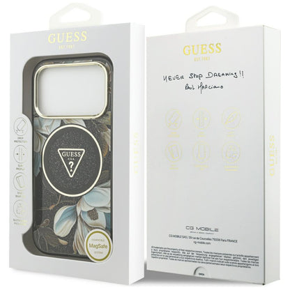 Husa MagSafe pentru Apple iPhone 18 Pro Max / 17 Pro Max, Guess, IML Metal Glitter Flowers Triangle, Neagra