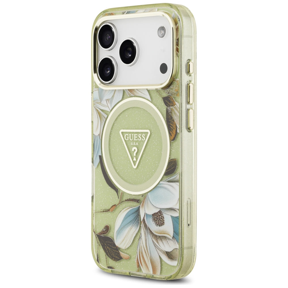 Husa MagSafe pentru Apple iPhone 18 Pro Max / 17 Pro Max, Guess, IML Metal Glitter Flowers Triangle, Verde
