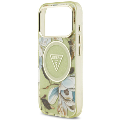 Husa MagSafe pentru Apple iPhone 18 Pro Max / 17 Pro Max, Guess, IML Metal Glitter Flowers Triangle, Verde