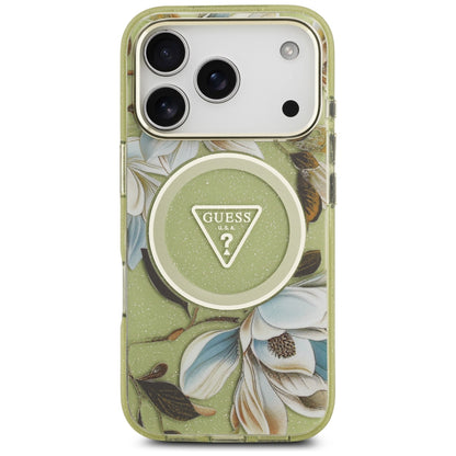 Husa MagSafe pentru Apple iPhone 18 Pro Max / 17 Pro Max, Guess, IML Metal Glitter Flowers Triangle, Verde