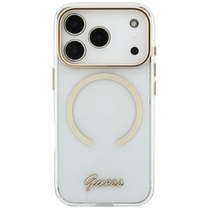 Husa MagSafe pentru Apple iPhone 18 Pro Max / 17 Pro Max, Guess, IML Script Metal, Transparenta
