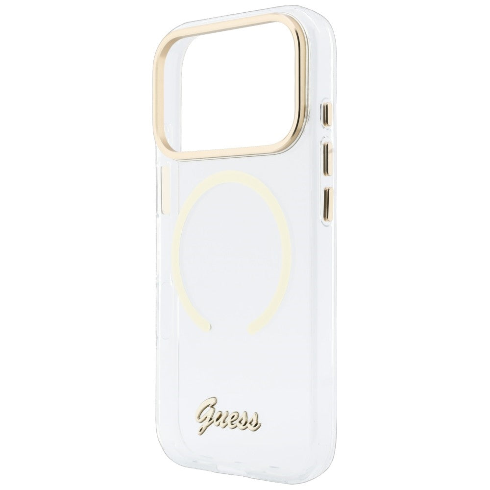 Husa MagSafe pentru Apple iPhone 18 Pro Max / 17 Pro Max, Guess, IML Script Metal, Transparenta