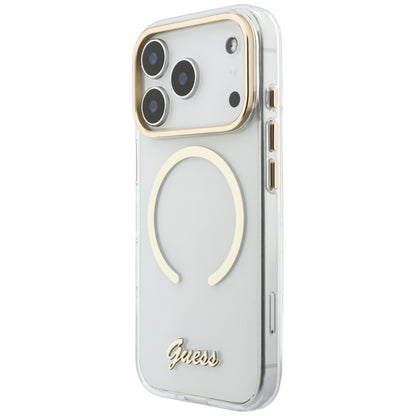 Husa MagSafe pentru Apple iPhone 18 Pro Max / 17 Pro Max, Guess, IML Script Metal, Transparenta