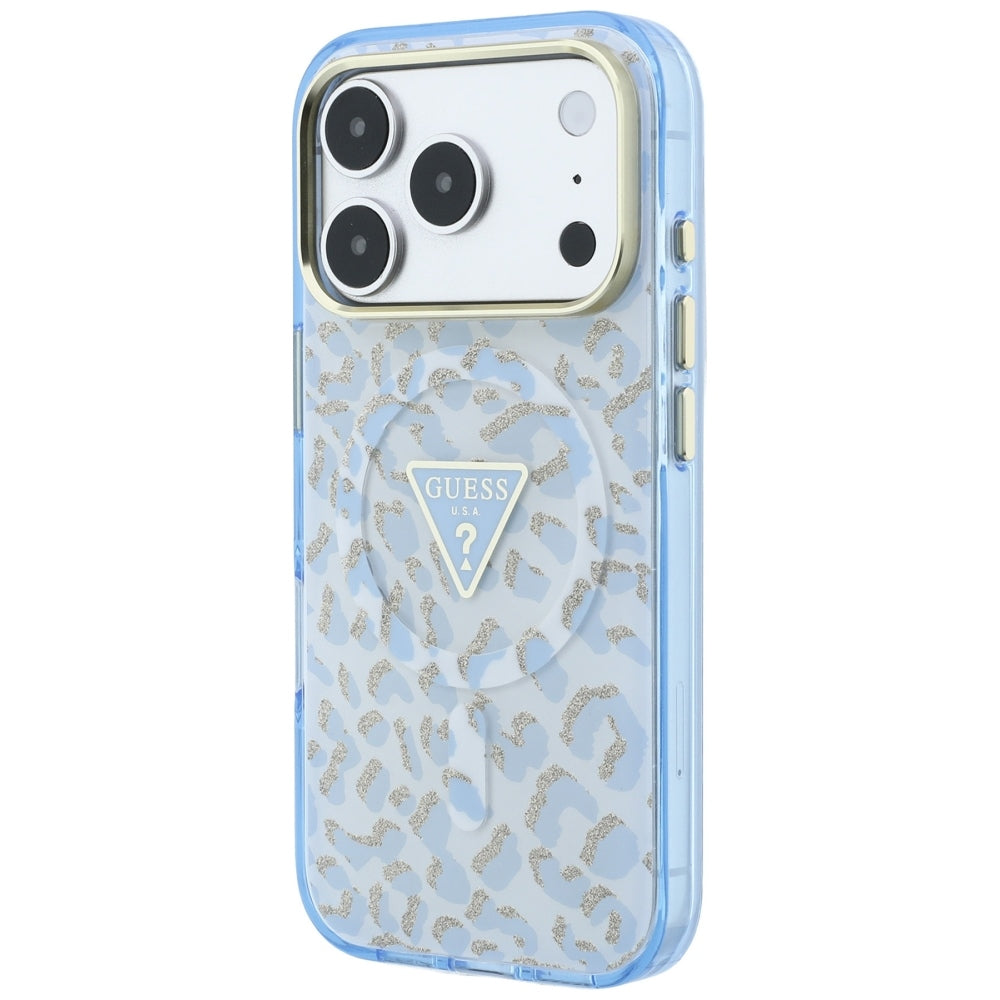 Husa MagSafe pentru Apple iPhone 18 Pro Max / 17 Pro Max, Guess, Leopard Glitter Triangle Logo, Bleu