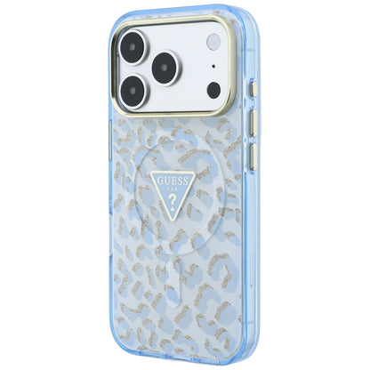 Husa MagSafe pentru Apple iPhone 18 Pro Max / 17 Pro Max, Guess, Leopard Glitter Triangle Logo, Bleu