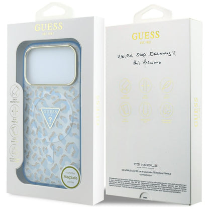 Husa MagSafe pentru Apple iPhone 18 Pro Max / 17 Pro Max, Guess, Leopard Glitter Triangle Logo, Bleu