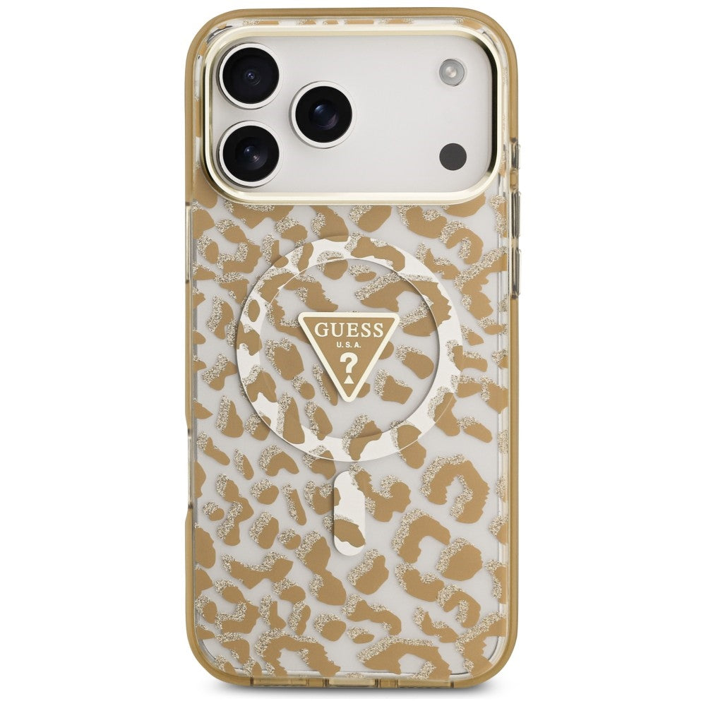 Husa MagSafe pentru Apple iPhone 18 Pro Max / 17 Pro Max, Guess, Leopard Glitter Triangle Logo, Maro